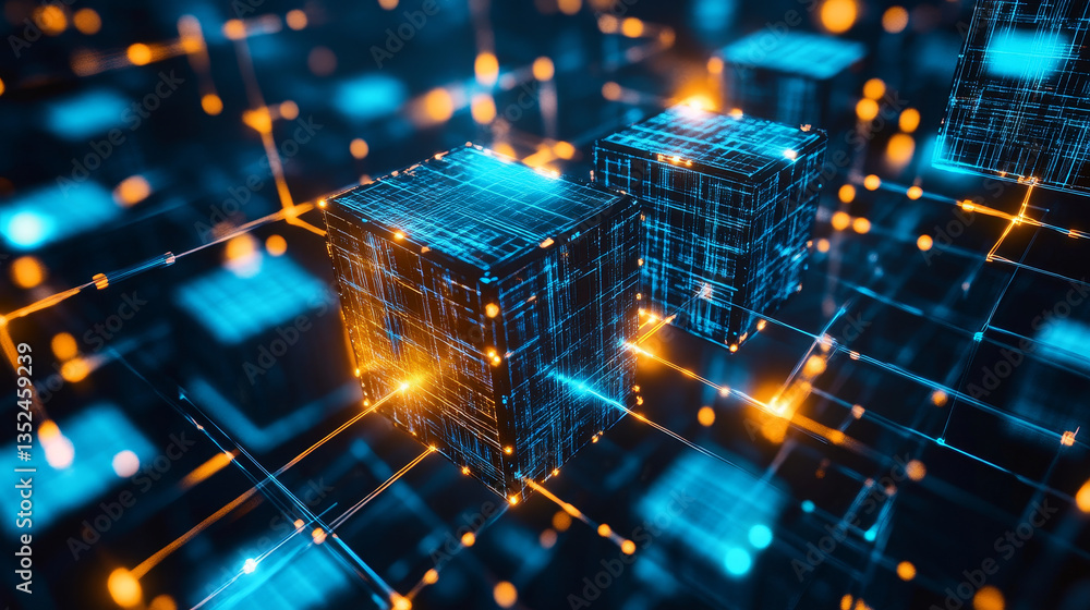 Poster 3d rendering digital tunnel with cube, technology blockchain, and big data network connection, techn
