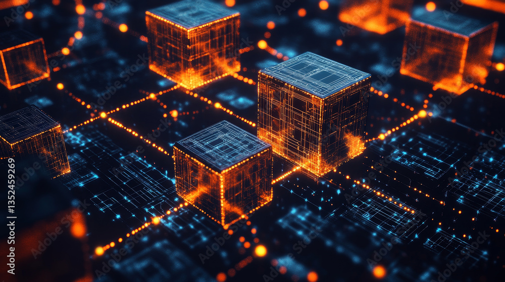 Poster 3d rendering digital tunnel with cube, technology blockchain, and big data network connection, techn