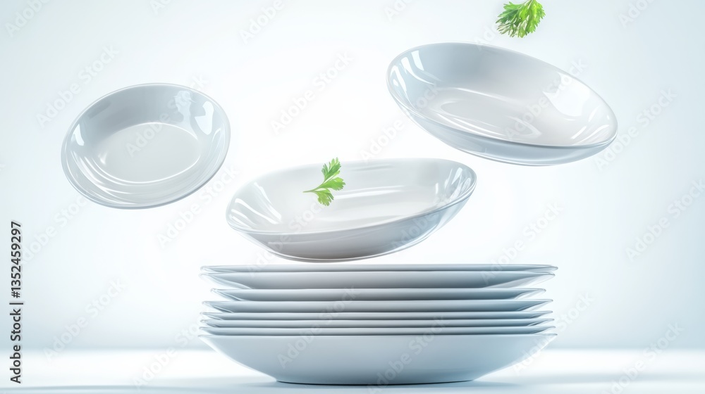 Poster stack of white plates with a green leaf on top. the plates are piled on top of each other, with the 