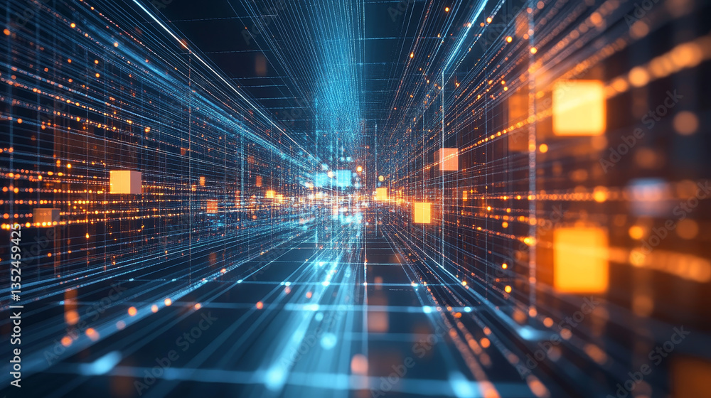 Poster 3d rendering digital tunnel with cube, technology blockchain, and big data network connection, techn