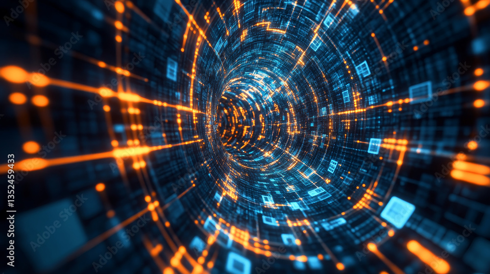 Poster 3d rendering digital tunnel with cube, technology blockchain, and big data network connection, techn