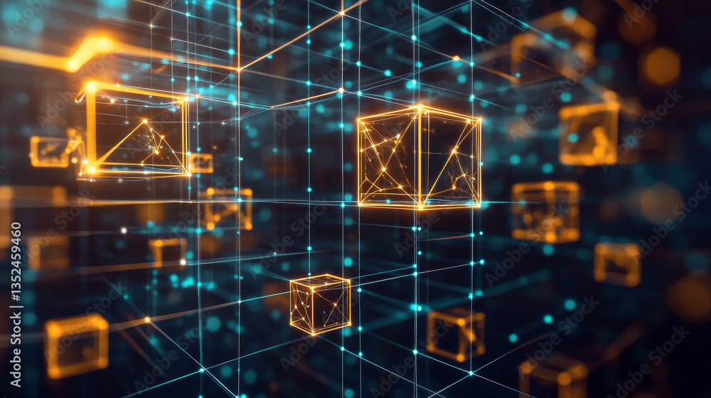 Poster 3d rendering digital tunnel with cube, technology blockchain, and big data network connection, techn