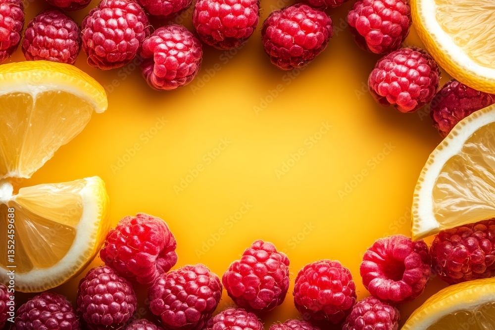 Poster close up of a yellow background with a variety of fruit including raspberries and oranges. the raspb