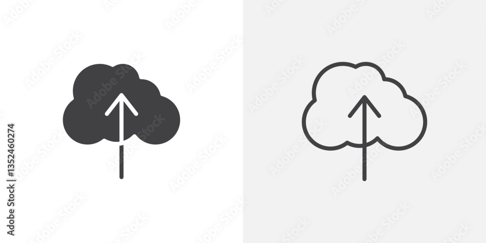 Poster upload to cloud icon vector set in black flat and line stroke style
