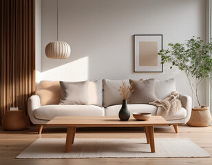 A minimalistic Danish living room featuring a clean-designed wooden coffee table and a modern lamp with soft lighting