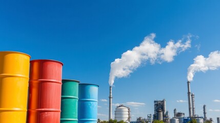Industrial Landscape: An industrial landscape, marked by vibrant storage drums and billowing smoke from factory chimneys against a clear, expansive blue sky. 