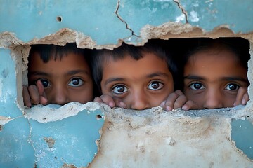 Three curious children peeking through hole in damaged wall