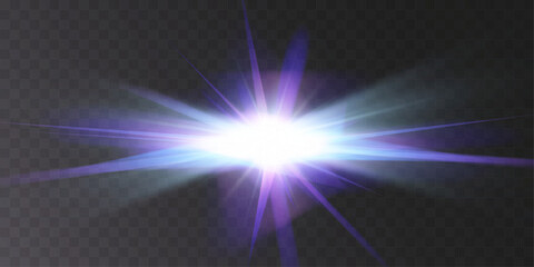 Bright glowing explosion of light, abstract energy burst, radiant star flare, dynamic cosmic effect, futuristic illumination, vibrant shine with blue and purple beams, high-intensity optical glow.
