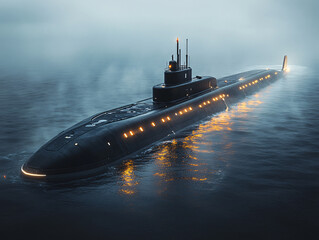 a submarine underwater, with its bow and stern illuminated by bright lights. The submarine appears to be a modern, possibly military vessel, with various antennas and equipment on its surface.