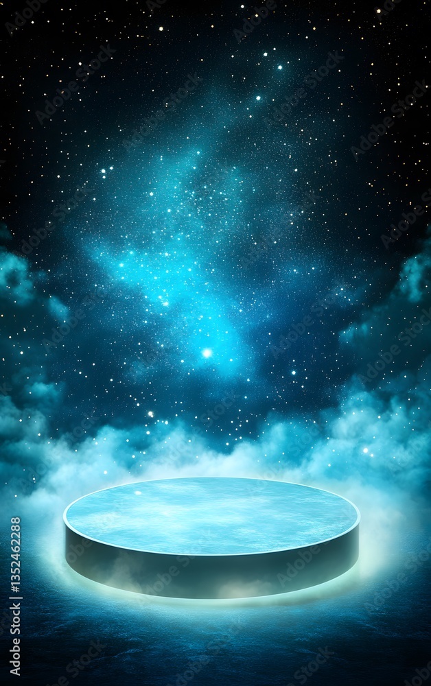 Poster a celestial-themed podium floating among the stars, illuminated by soft cosmic light in a deep space