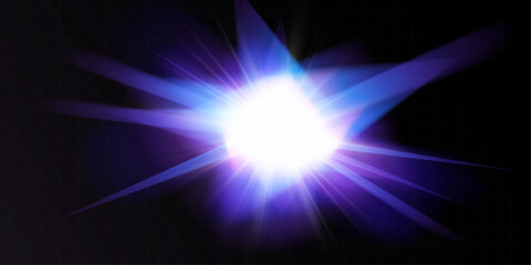 Bright glowing explosion of light, abstract energy burst, radiant star flare, dynamic cosmic effect, futuristic illumination, vibrant shine with blue and purple beams, high-intensity optical glow.
