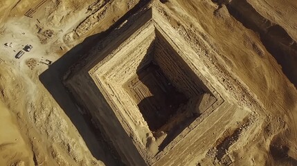 Aerial view of a large, square excavation site in a barren landscape, revealing a deep, structured pit with layered walls. The surrounding area is marked by construction equipment and materials, empha
