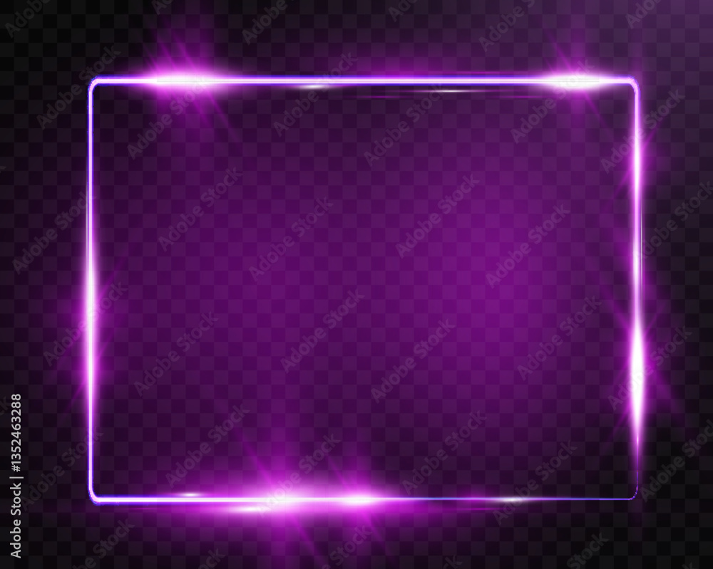 Poster purple neon glowing rectangular frame with rounded corners, sparkles, and lens flares, placed on a t