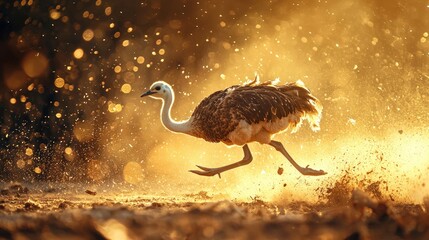 an ostrich running in the dust 