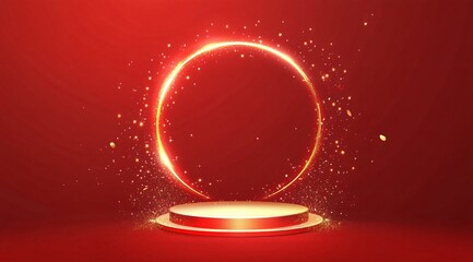 Product showcase on a red-themed exhibition booth with golden particles, perfect for business, commercial celebrations, product launches, and e-commerce events, with ample whitespace background to emp