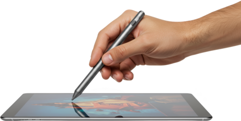 Hand Using Stylus Pen on Tablet PC Screen Drawing Digital Art Design