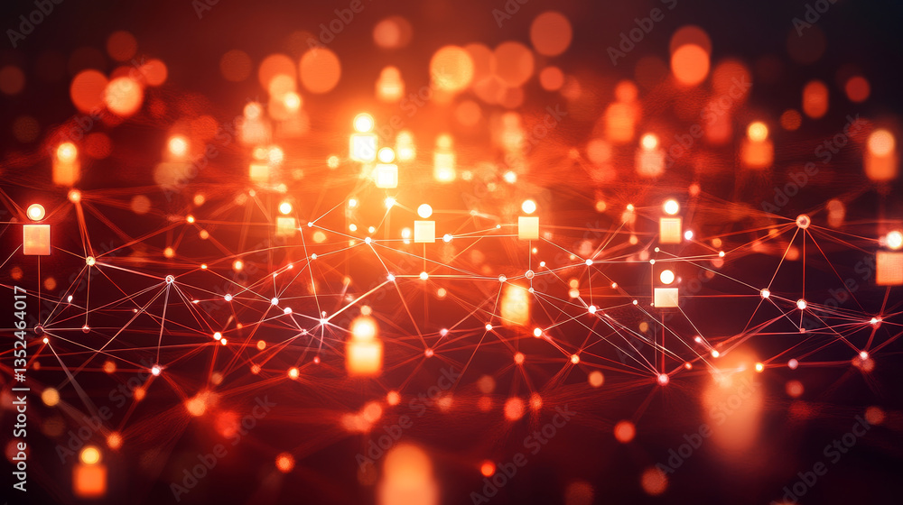 Poster digital cyberspace with particles and digital data network connections concept on red background
