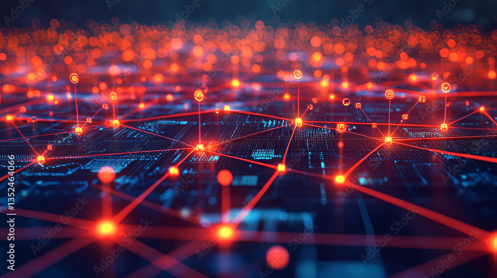 Poster digital cyberspace with particles and digital data network connections concept on red background
