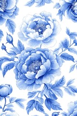 Beautiful floral pattern displaying blue flowers with several green leaves