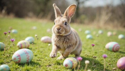 A delightful scene featuring a rabbit hopping amidst colorful Easter eggs scattered on a lush green meadow during springtime.

