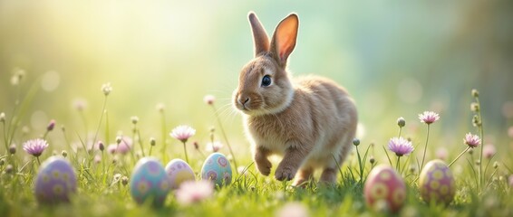 Adorable brown rabbit exploring outdoors surrounded by colorful Easter eggs and blooming flowers on a warm spring day, evoking joy, renewal, and the Easter holiday spirit.

