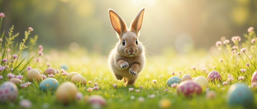 Adorable brown rabbit exploring outdoors surrounded by colorful Easter eggs and blooming flowers on a warm spring day, evoking joy, renewal, and the Easter holiday spirit.

