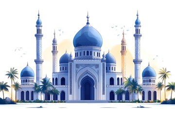 Obraz premium Grandiose Mosque Architecture with Minarets, Blue Domes, and Palm Trees on White
