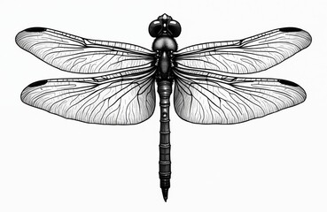 Black white dragonfly illustration. Insect drawing features detailed wings, body, head. Simple design for education, editorial use. Art available for various projects. Nature wildlife animal concept.