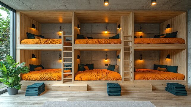 Modern dorm room with wooden bunk beds, orange bedding, and garden view. Ideal for hostel or shared accommodation marketing