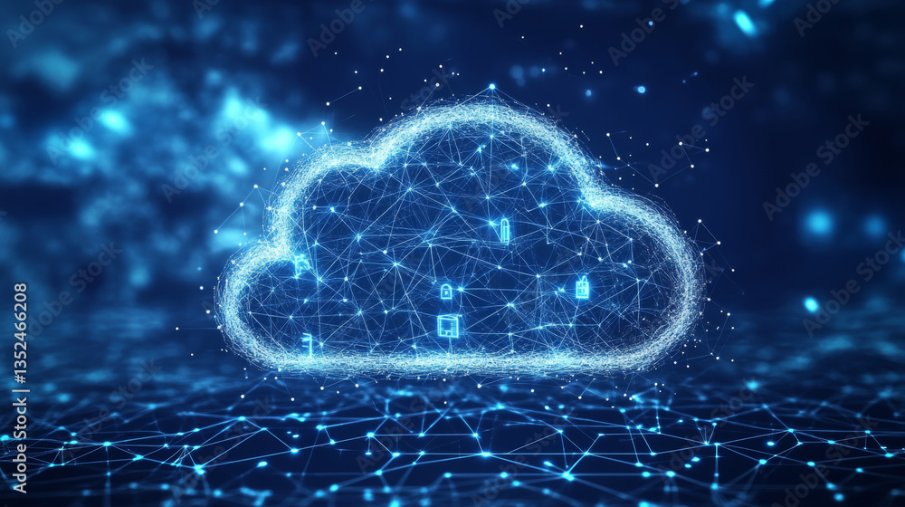Poster cloud computing. a large geometric cloud stands out in the center. shows the connection of polyhedro