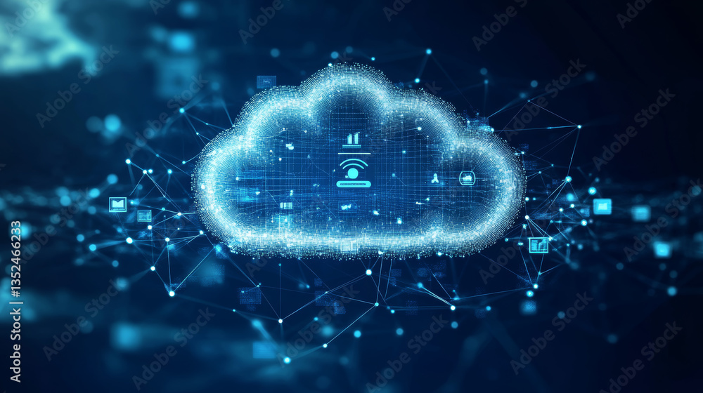 Poster cloud and edge computing technology concept. there is a prominent large cloud icon in the center wit