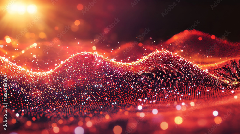 Poster abstract red color digital particles wave with bokeh and light background
