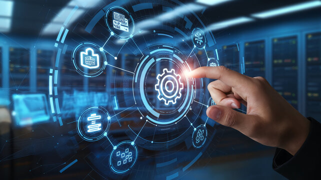 A futuristic digital interface features a human hand interacting with a virtual gear icon, showcasing cybersecurity, data analysis, process optimization, and system integration, showcasing technology'