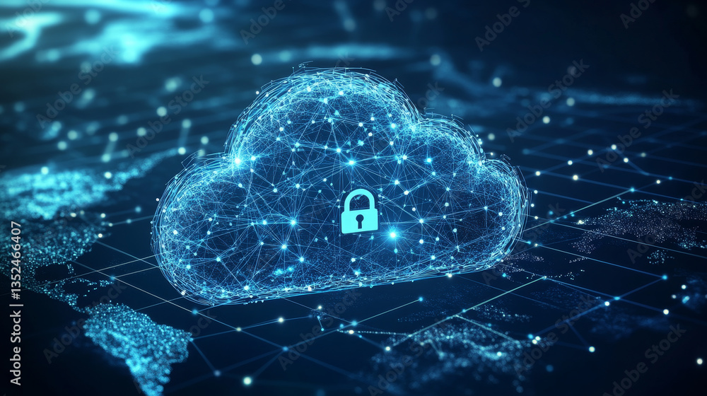 Poster cloud computing. a large geometric cloud stands out in the center. shows the connection of polyhedro