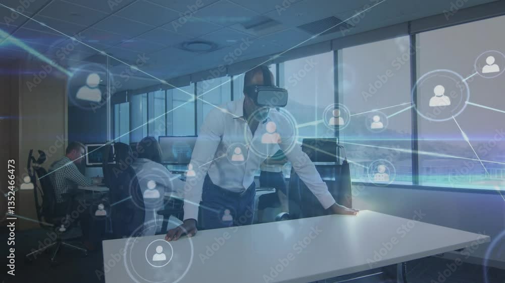 Aufkleber using animation, person with vr headset exploring digital network in office