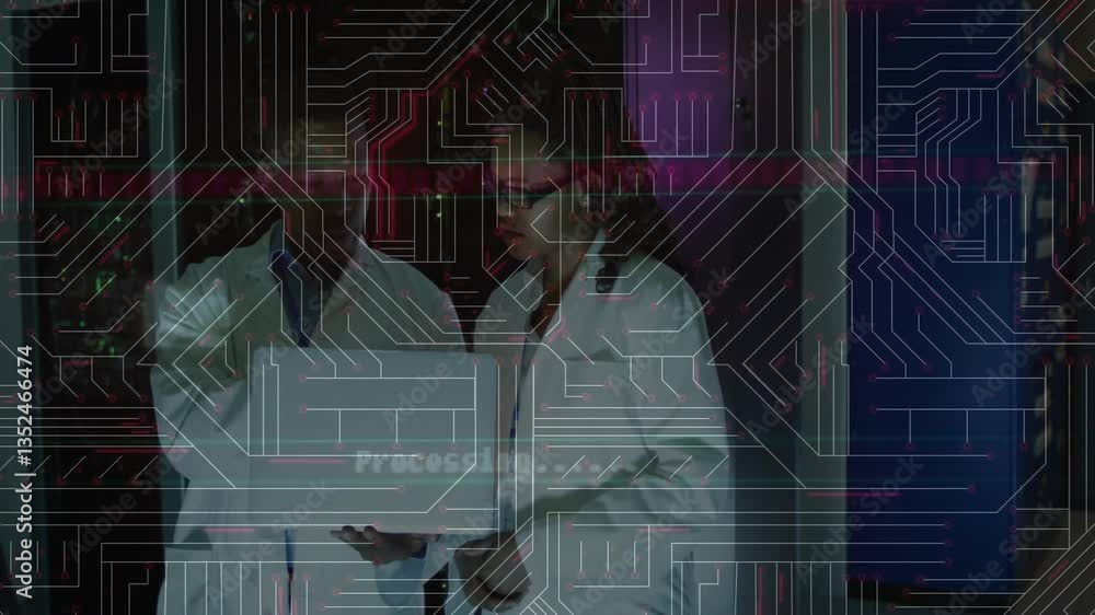Poster in lab, scientists in coats working with animation of circuit board pattern