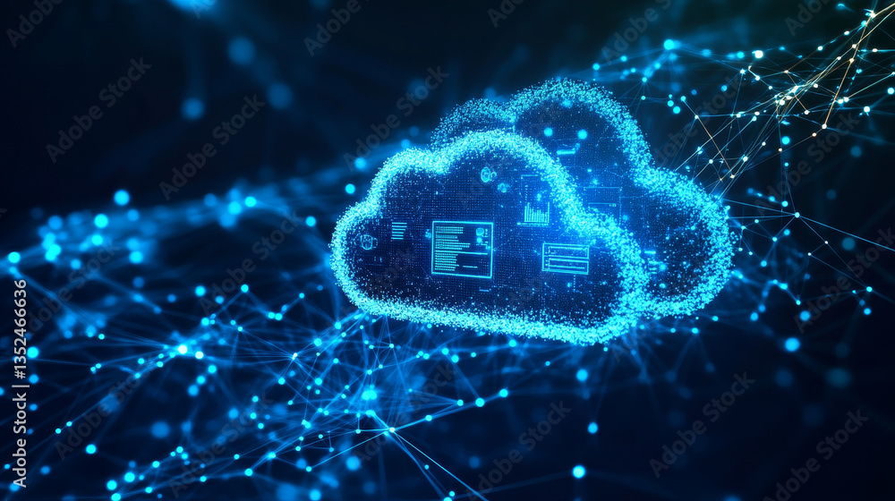 Poster cloud and edge computing technology concept. there is a prominent large cloud icon in the center wit