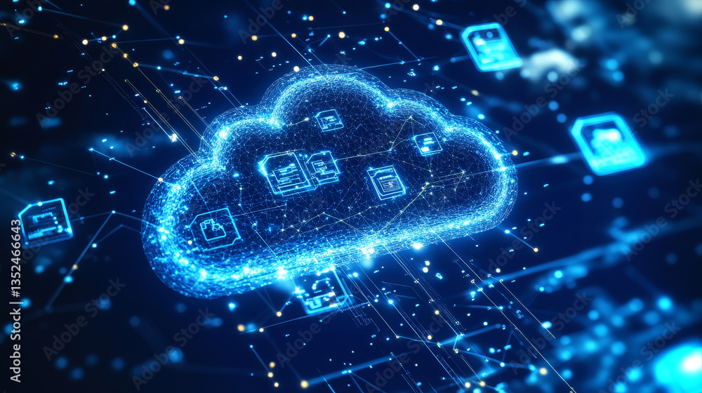 Poster cloud and edge computing technology concept. there is a prominent large cloud icon in the center wit
