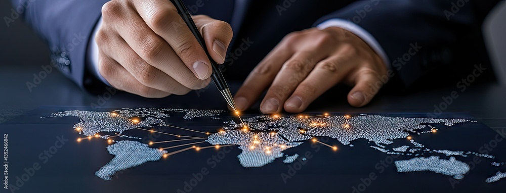Poster business professional analyzing global connections on a world map during a strategy session in an of