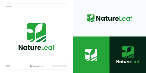 Green leaves landscaping logo Icon design vector, Ecology sign symbol environmental nature protection concept, Tree sprout garden leaf for organic farm icon and agriculture illustration template.