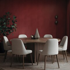 A modern dining room features a round wooden table surrounded by six gray fabric chairs. The backdrop is a deep red wall, accented by minimalist decor.
