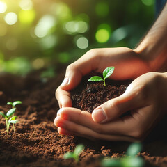 Hands holding a small growing plant with care