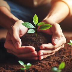 Hands holding a small growing plant with care