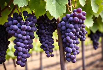 Fototapeta premium A cluster of deep purple grapes hanging from a vine, glistening with drops of dew, framed by rows of vineyard plants.