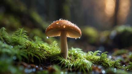 Fototapeta premium Mushroom glistens with raindrops, surrounded by lush green moss and ferns in a serene forest scene. Nature's beauty in a close-up shot.