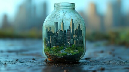 Miniature City Trapped in a Plastic Bottle – Symbol of Pollution, Urbanization, and Environmental Impact. Generative AI.