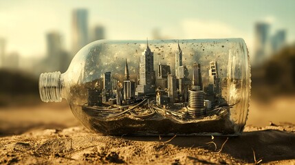 Miniature City Trapped in a Plastic Bottle – Symbol of Pollution, Urbanization, and Environmental Impact. Generative AI.