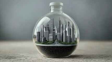 Miniature City Trapped in a Plastic Bottle – Symbol of Pollution, Urbanization, and Environmental Impact. Generative AI.