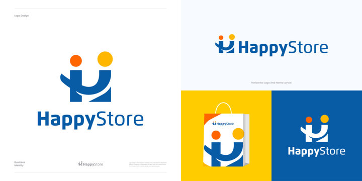 happy store logo icon design vector, smile with initial letter H for e commerce and store logo or shop logo, simple playful symbol H with people connection and hub illustration template