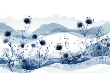 Blue floral abstract landscape painting with mountains in background